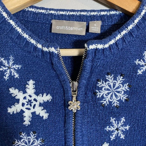 Vtg Croft & Barrow Snowflake Christmas Silk Full Zip Sweater Women's Small Blue - Picture 6 of 12